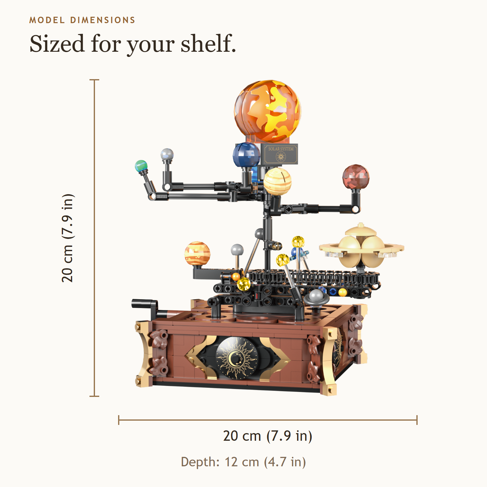 Solar-system model with dimensions marked as 20 cm (7.9 in) by 12 cm (4.7 in) by 20 cm (7.9 in).