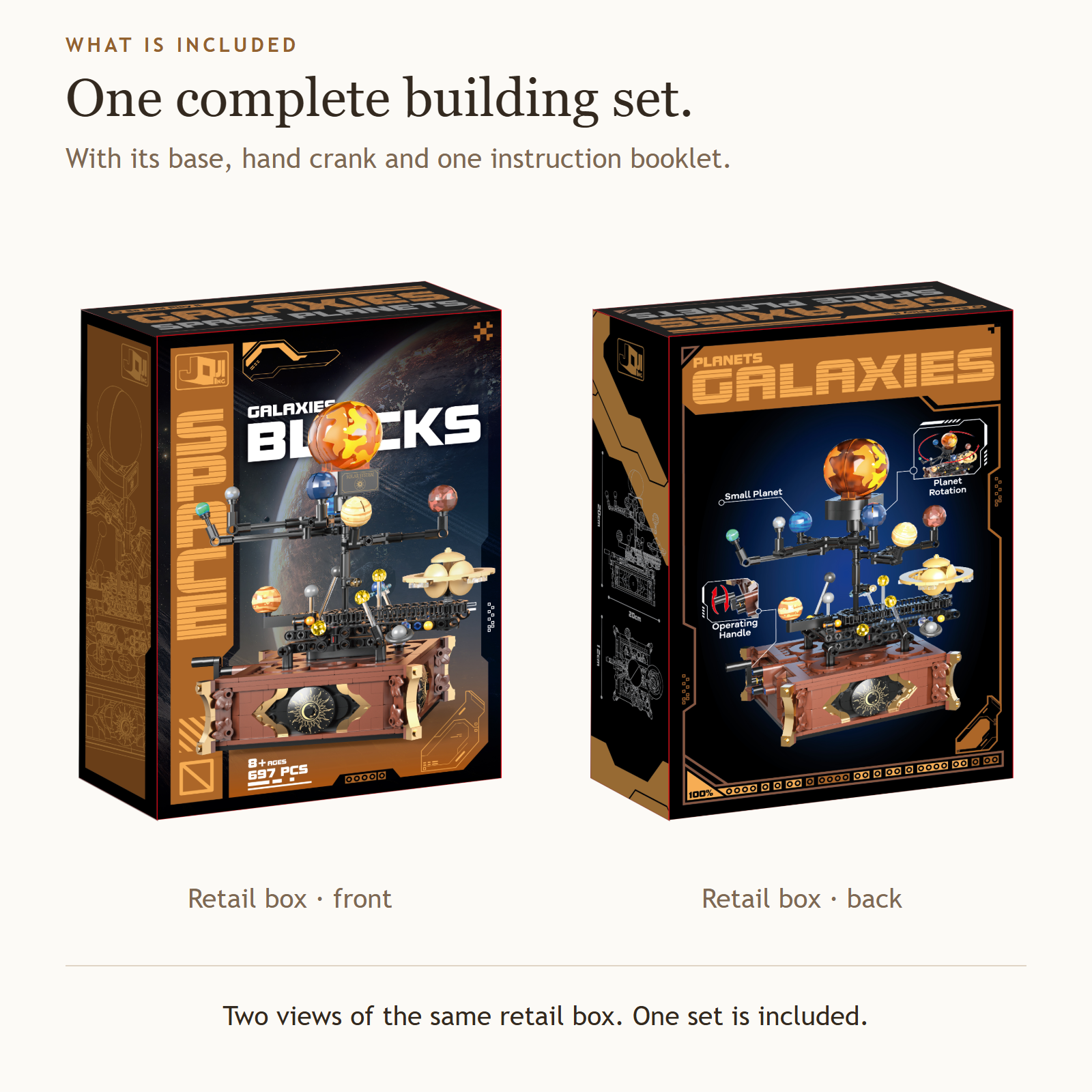 Front and back views of the same illustrated retail box, with text explaining that one complete building set and one instruction booklet are included.