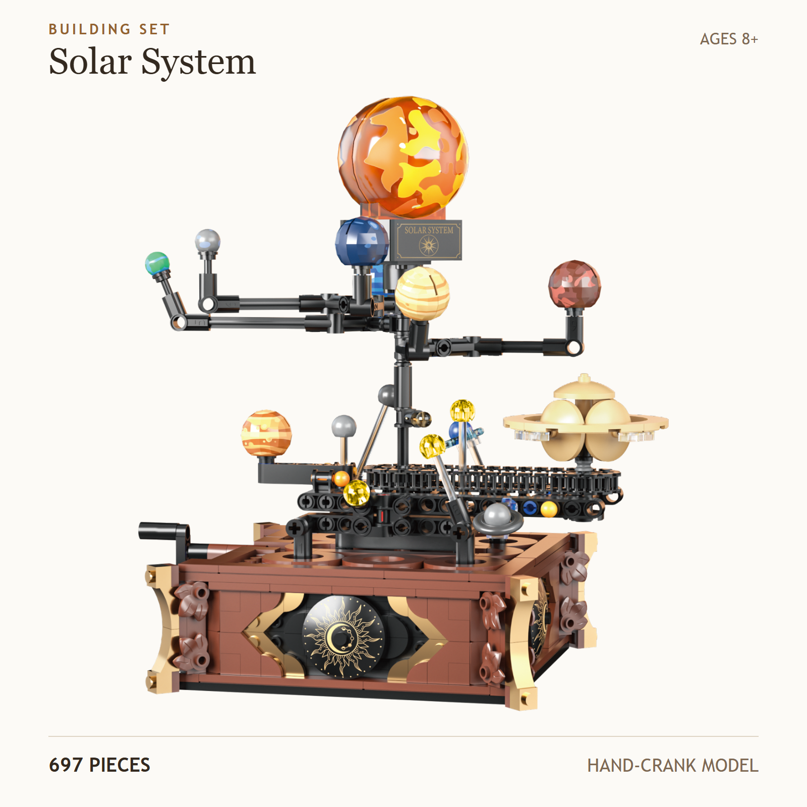 Complete solar-system brick model with colorful planets, a hand crank and a decorative brown base.