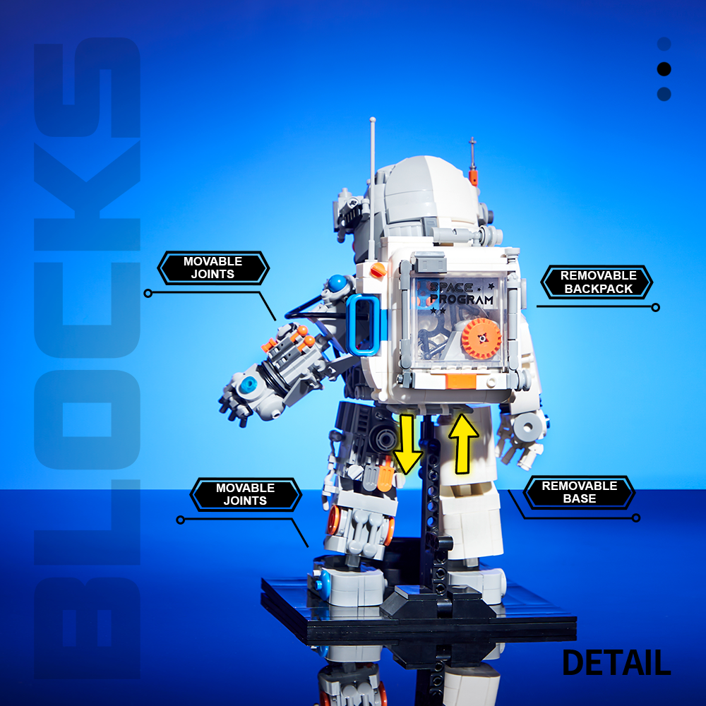Rear view of the mechanical astronaut showing its backpack, joints and detachable display base.