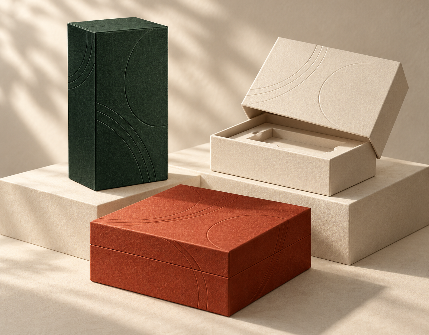 Original packaging concepts in deep pine, warm ivory and vermilion.