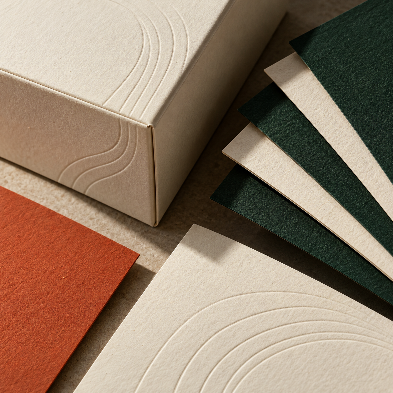 Close detail of textured paper, embossed lines and folded packaging.