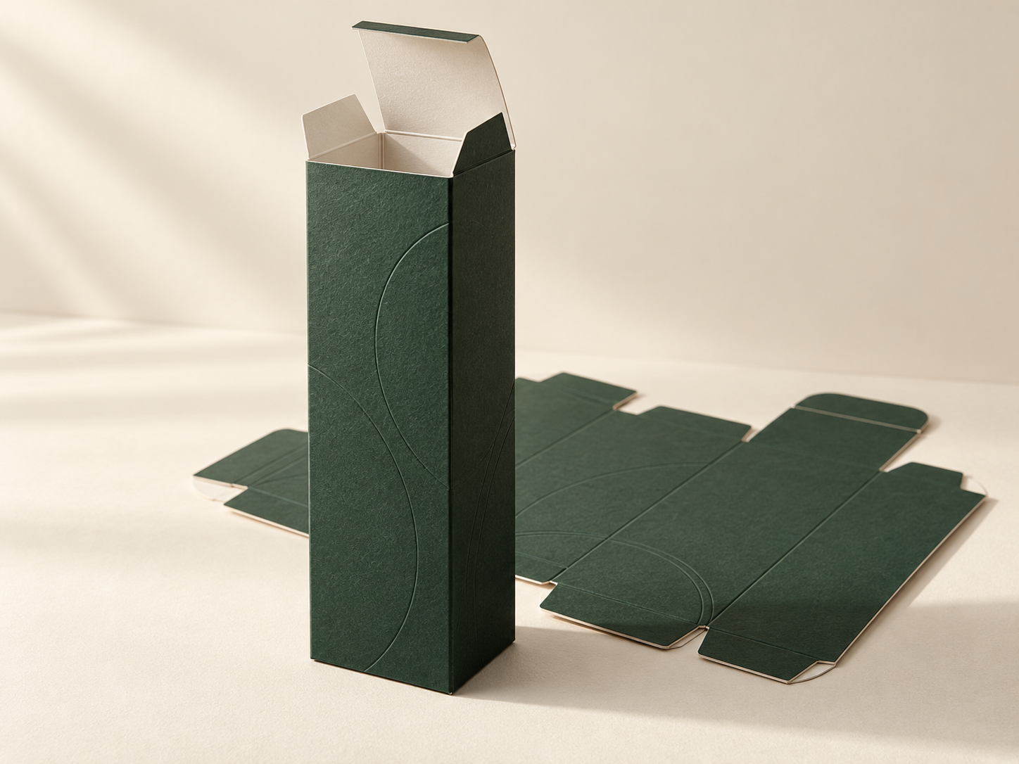 Skincare carton concept in textured paper, shown in a three-quarter studio view.